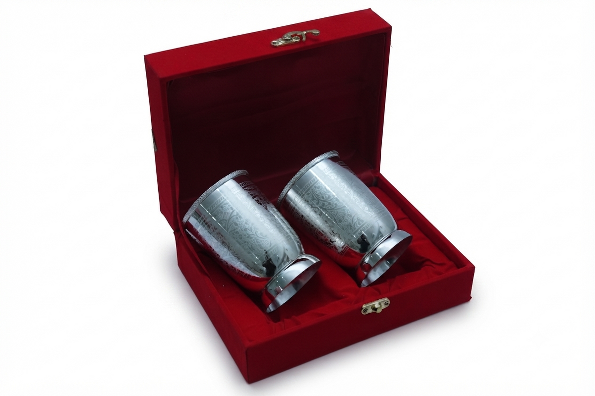 Royal Silver Plated Embossed Brass Water Glass Set of 2 with Pedestal Base in Velvet Box