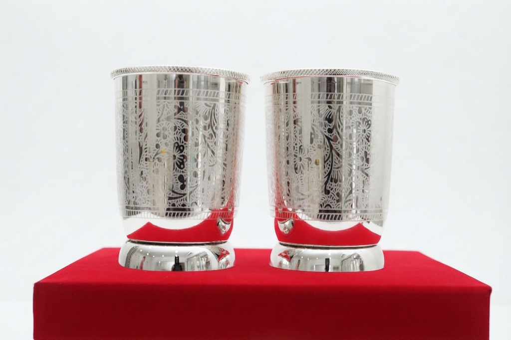 Royal Silver Plated Embossed Brass Water Glass Set of 2 with Pedestal Base in Velvet Box