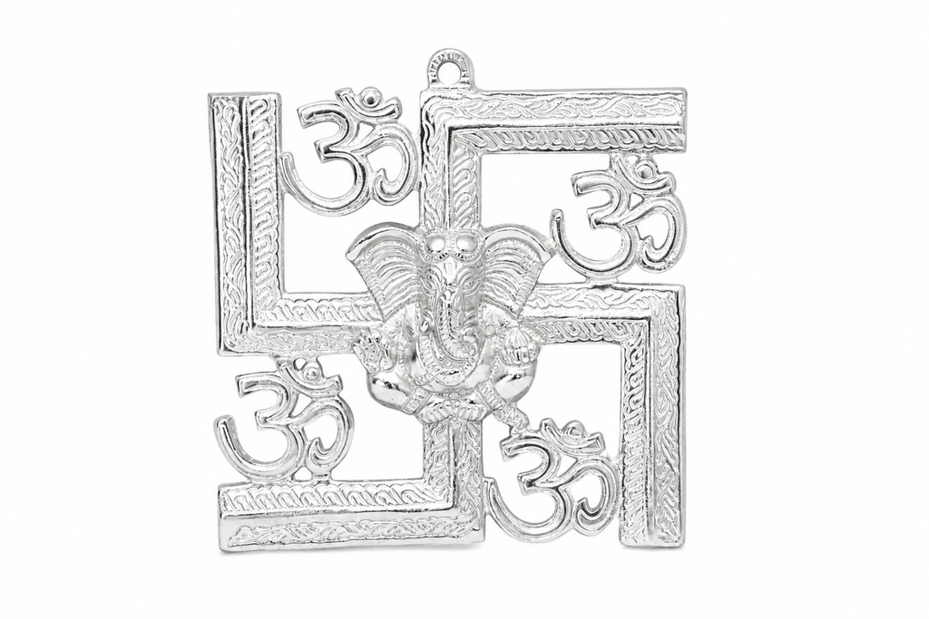 Auspicious Silver Plated Om Swastik Ganesha Wall Hanging / Door Hanging Sculpture