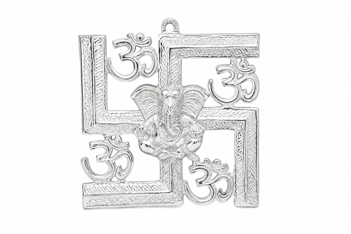Auspicious Silver Plated Om Swastik Ganesha Wall Hanging / Door Hanging Sculpture