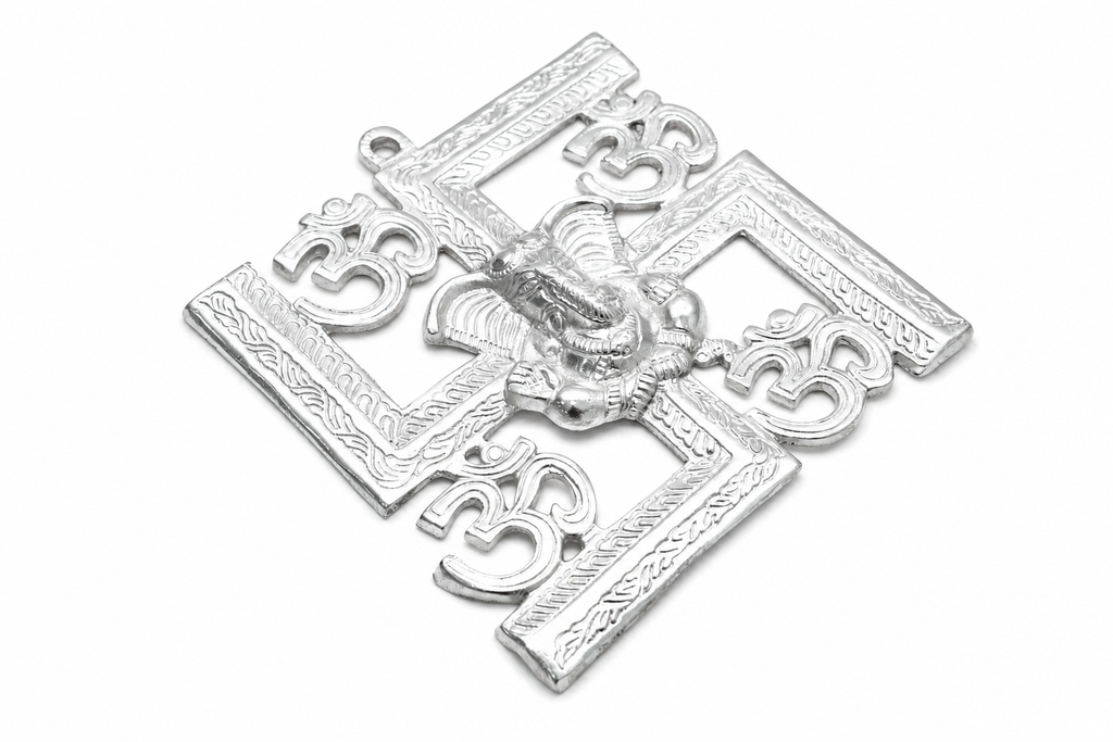 Auspicious Silver Plated Om Swastik Ganesha Wall Hanging / Door Hanging Sculpture