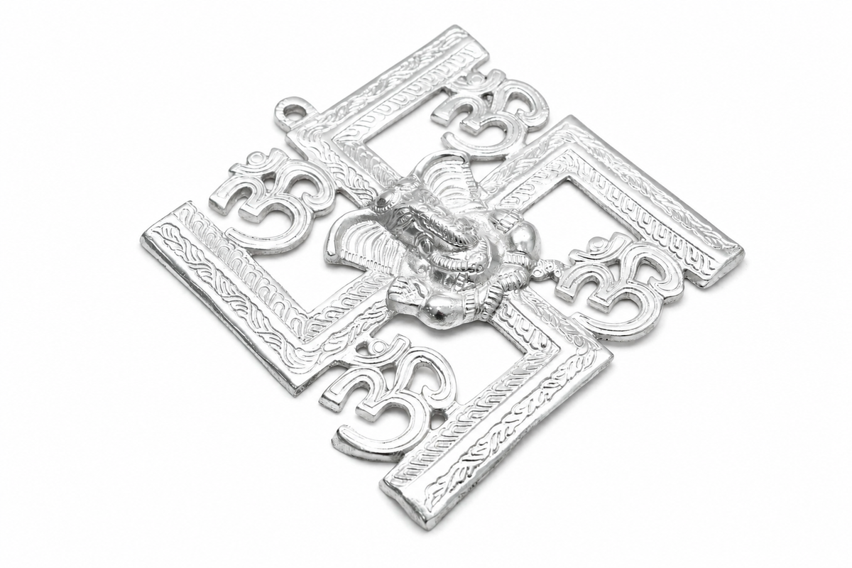 Auspicious Silver Plated Om Swastik Ganesha Wall Hanging / Door Hanging Sculpture