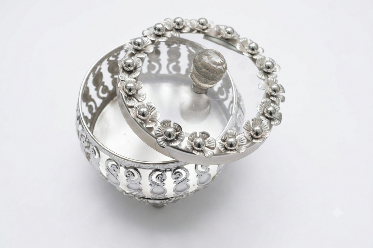 Royal Silver Filigree Footed Covered Bowl with Crystal Knob Lid