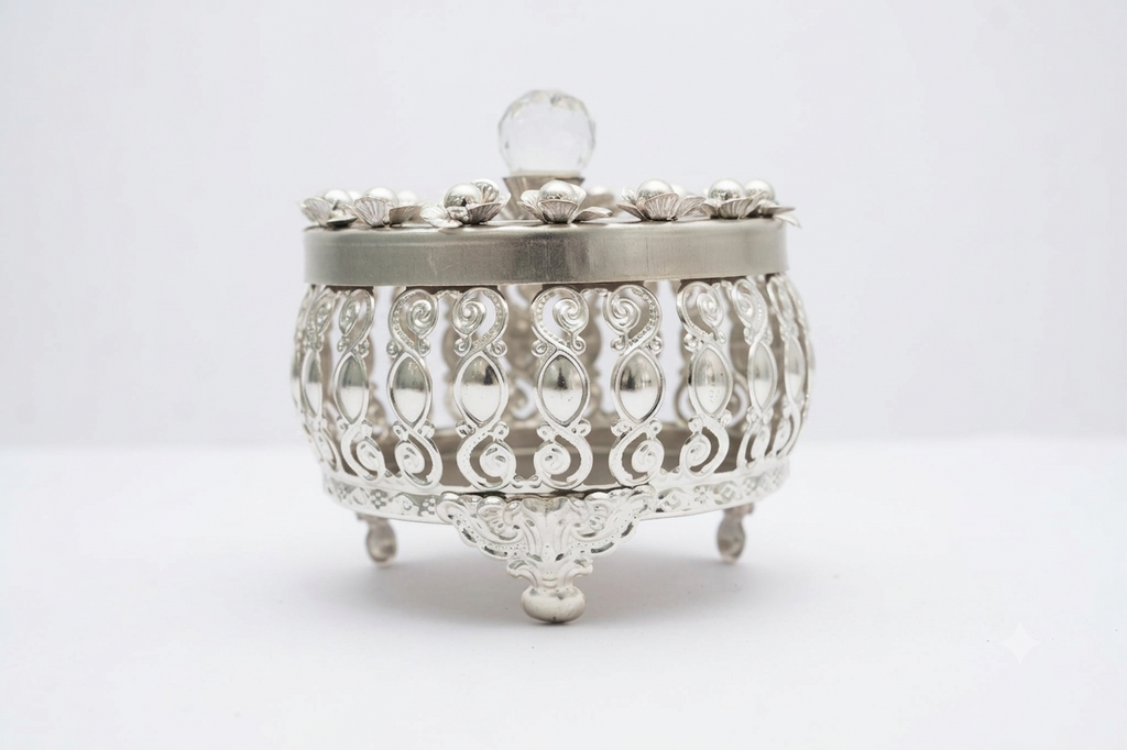 Royal Silver Filigree Footed Covered Bowl with Crystal Knob Lid