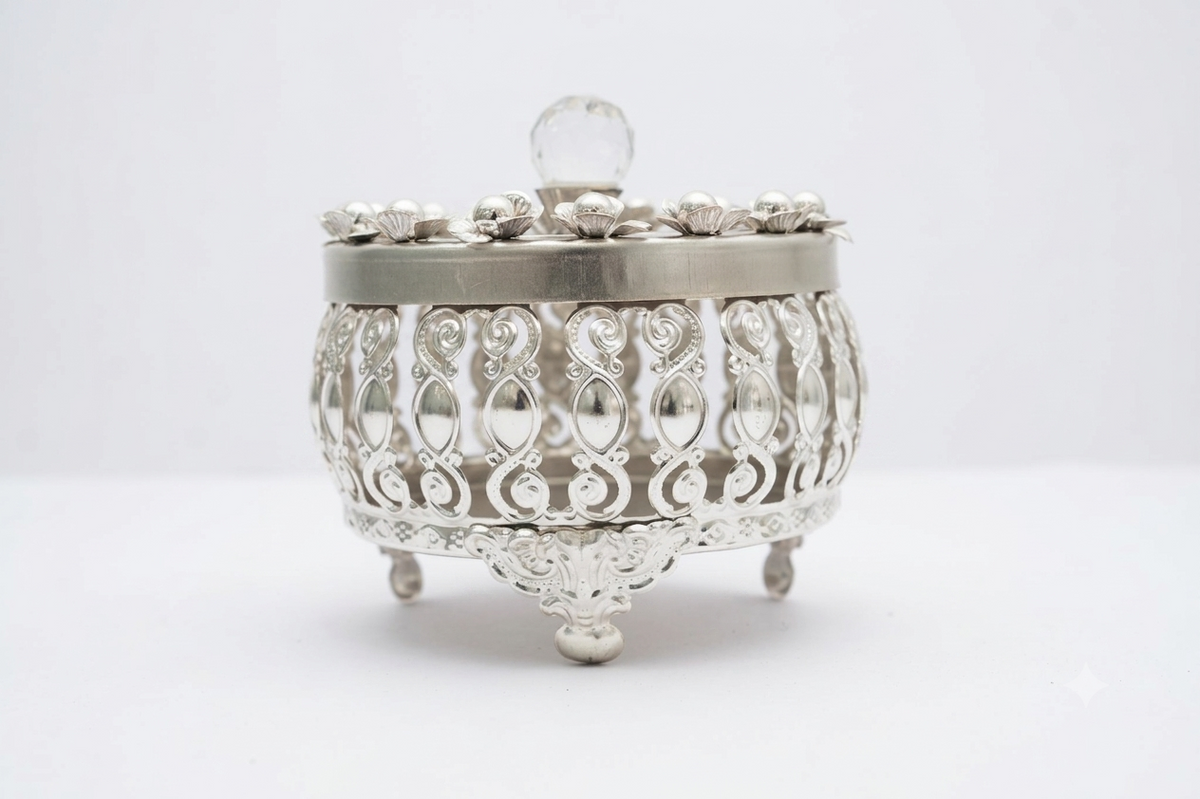 Royal Silver Filigree Footed Covered Bowl with Crystal Knob Lid