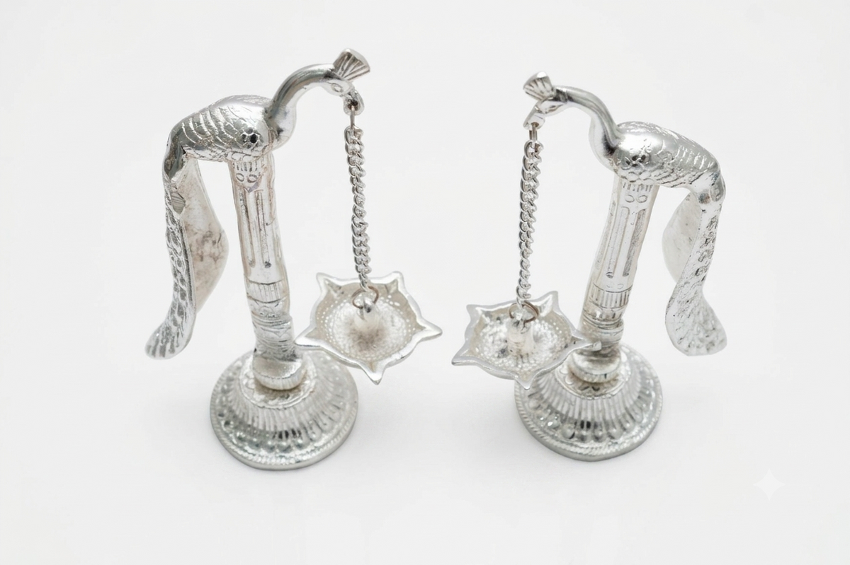 Divine Silver Plated Peacock Pillar Hanging Diya / Deepam Set of 2