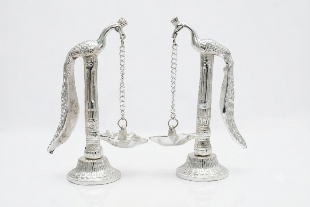 Divine Silver Plated Peacock Pillar Hanging Diya / Deepam Set of 2