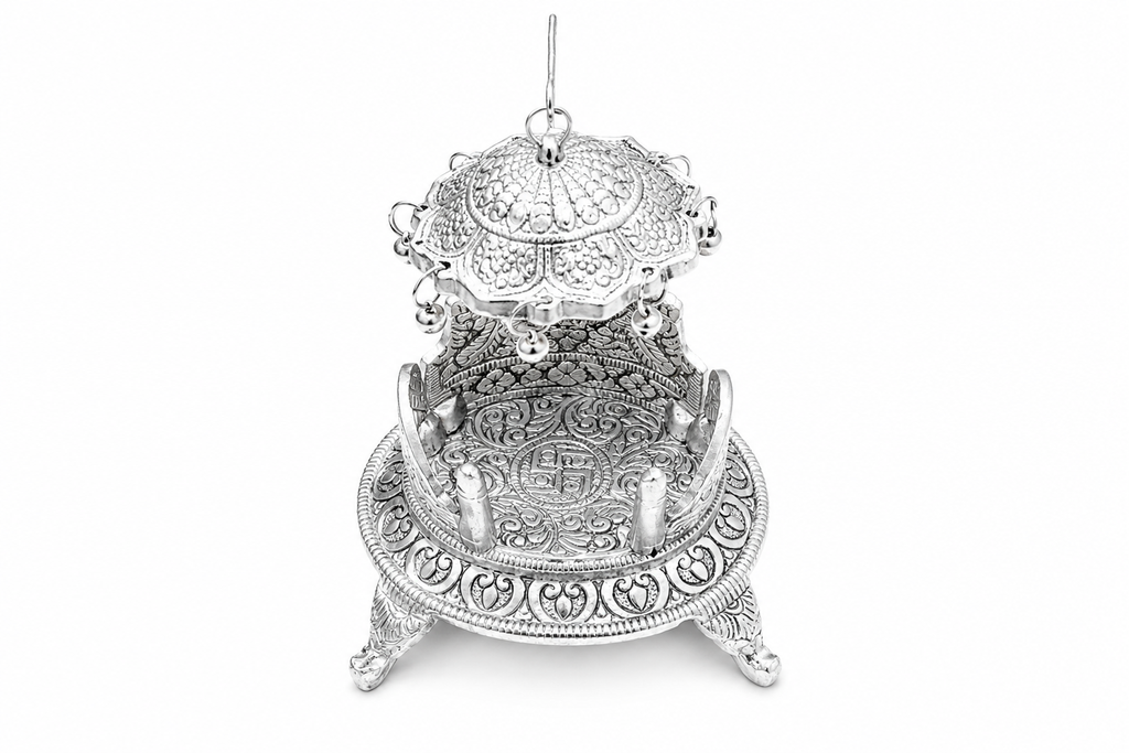 Royal Silver Plated Round Divine Singhasan with Chhatra (Deity Throne for Laddu Gopal & Idols)