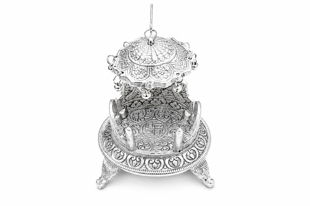 Royal Silver Plated Round Divine Singhasan with Chhatra (Deity Throne for Laddu Gopal & Idols)