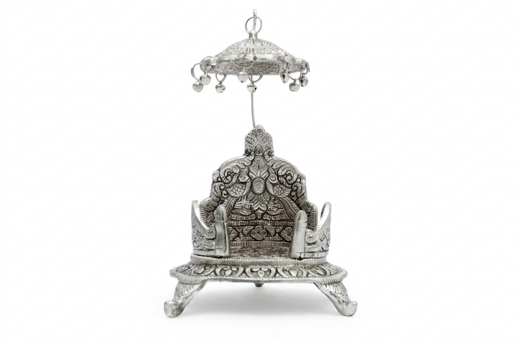 Royal Silver Plated Round Divine Singhasan with Chhatra (Deity Throne for Laddu Gopal & Idols)