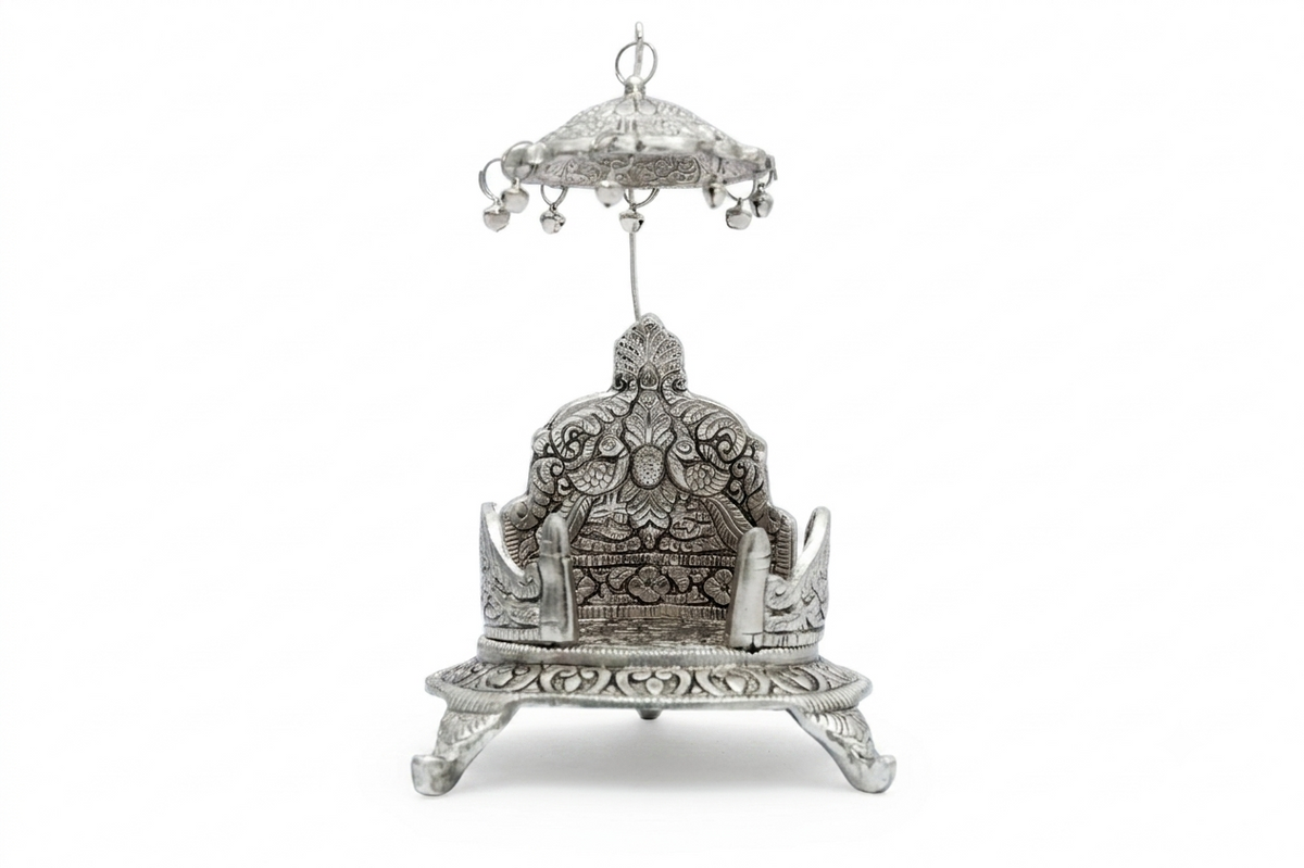Royal Silver Plated Round Divine Singhasan with Chhatra (Deity Throne for Laddu Gopal & Idols)