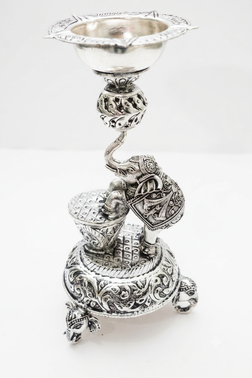 Royal Silver Plated Elephant Samai Diya / Brass Elephant Pillar Oil Lamp