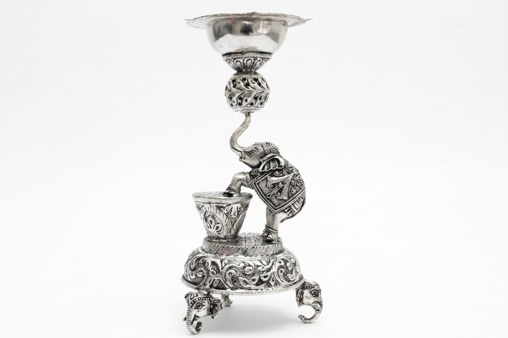 Royal Silver Plated Elephant Samai Diya / Brass Elephant Pillar Oil Lamp