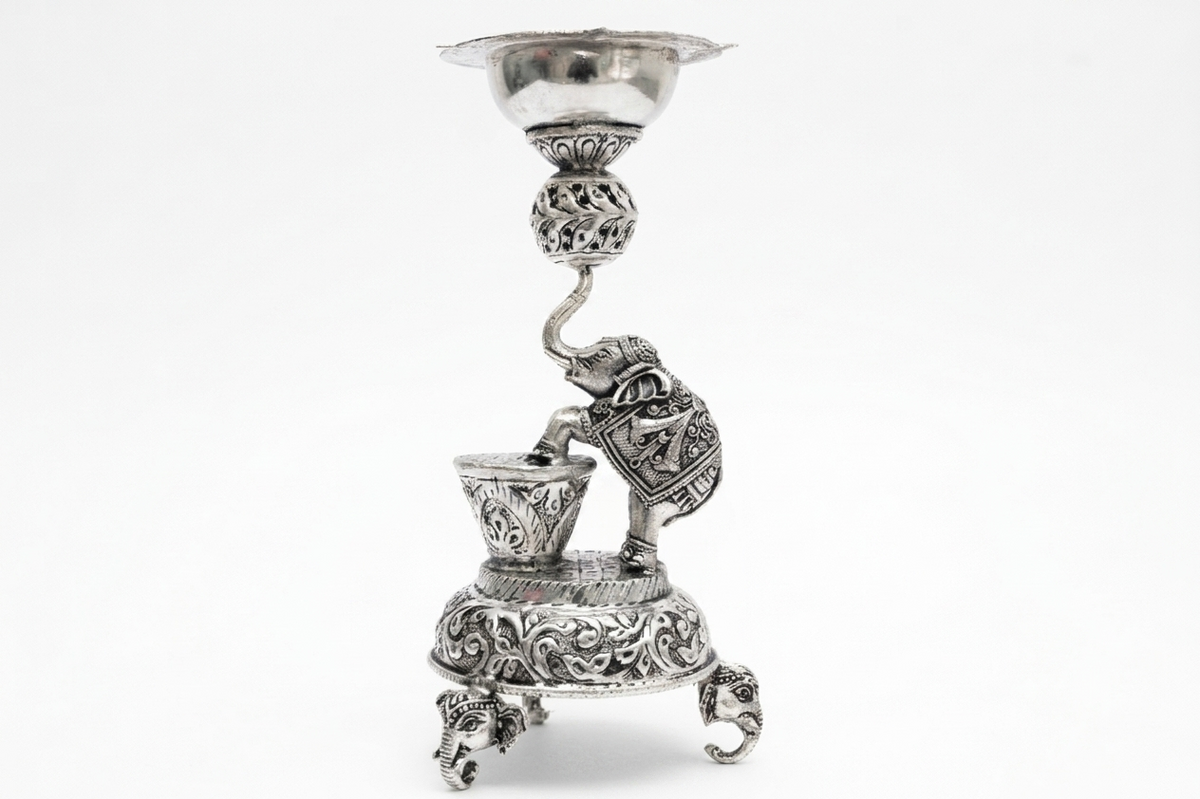 Royal Silver Plated Elephant Samai Diya / Brass Elephant Pillar Oil Lamp