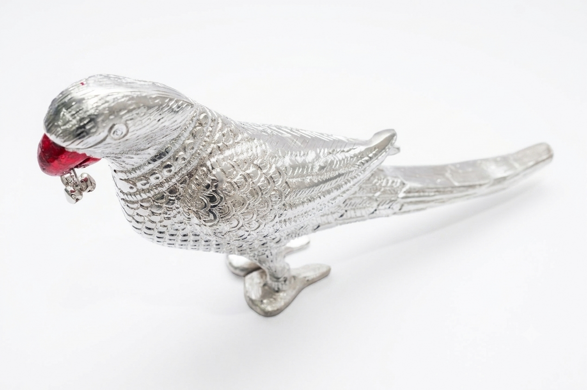 Royal Silver Plated Parrot Figurine with Red Beak & Hanging Bell (Standing Bird Showpiece)