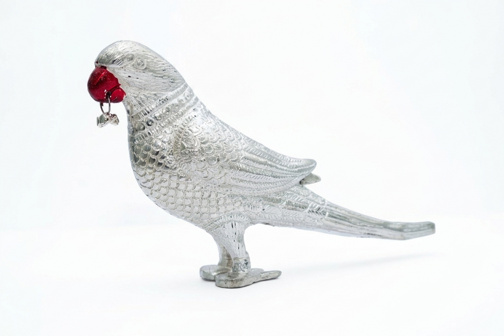 Royal Silver Plated Parrot Figurine with Red Beak & Hanging Bell (Standing Bird Showpiece)