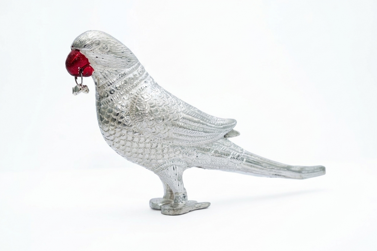 Royal Silver Plated Parrot Figurine with Red Beak & Hanging Bell (Standing Bird Showpiece)