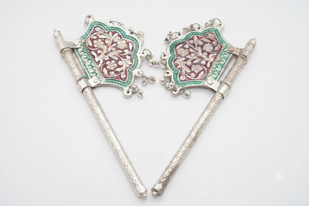 Royal Silver Plated Meenakari Decorative Pankhi (Hand Fan) Set of 2 – 7 Inch