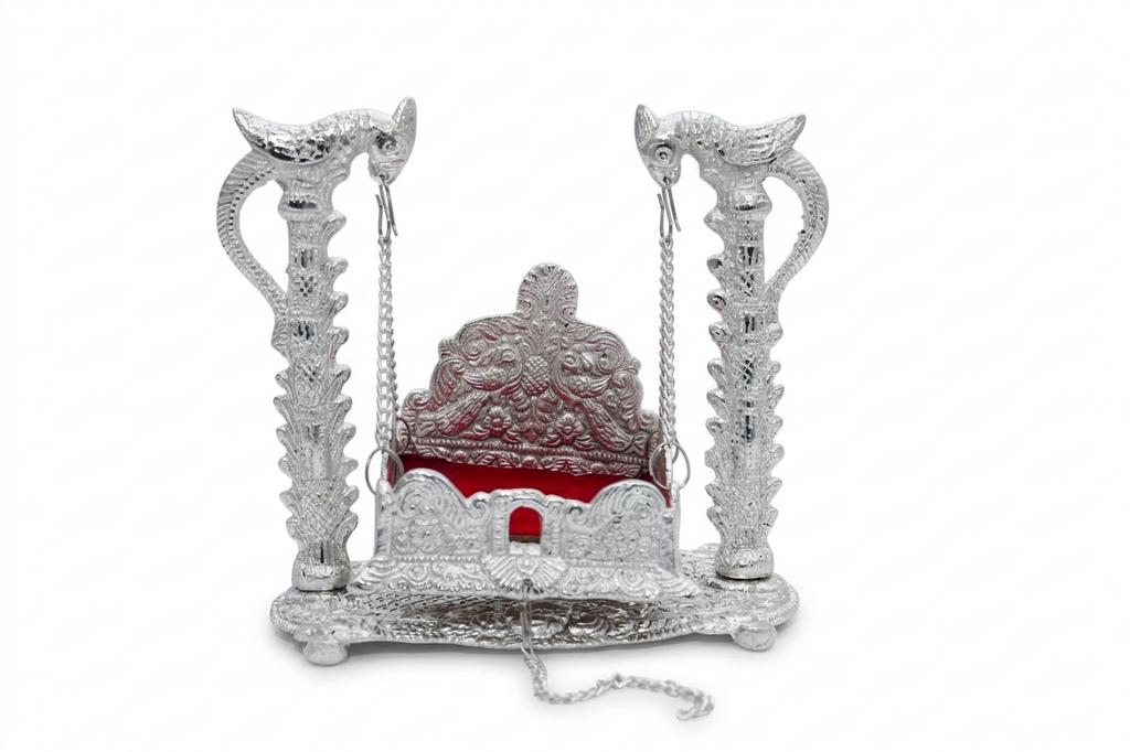 Divine Silver Plated Parrot Jhula Palna (Deity Swing with Velvet Seat)