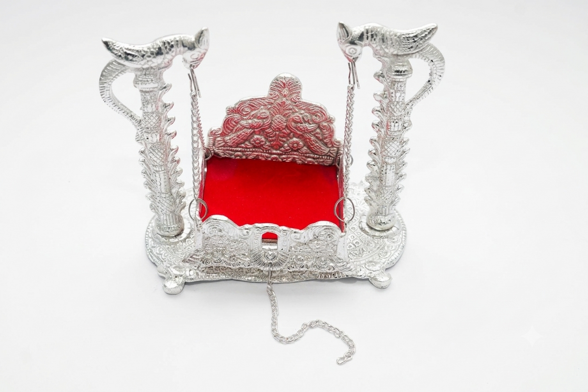 Divine Silver Plated Parrot Jhula Palna (Deity Swing with Velvet Seat)