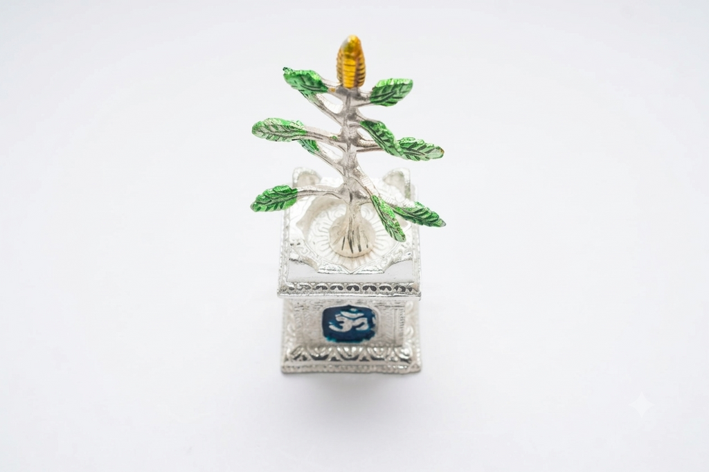 Sacred Silver Plated Tulsi Vrindavan Plant Idol with Enamel Work