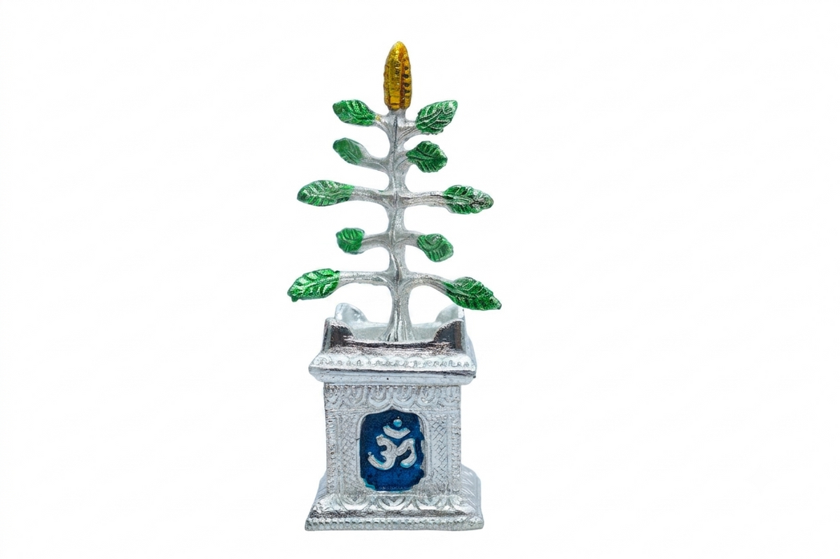 Sacred Silver Plated Tulsi Vrindavan Plant Idol with Enamel Work