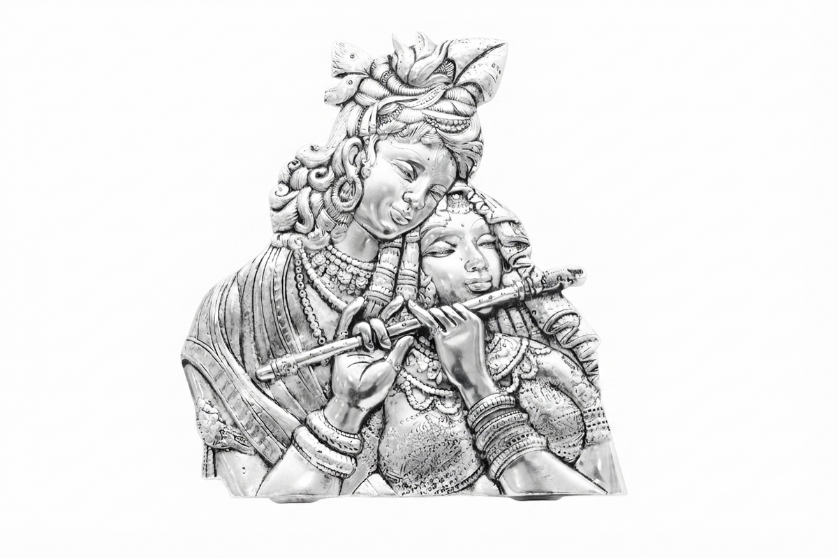 Divine Silver Plated Radha Krishna Playing Bansuri Relief Sculpture / Wall & Table Panel