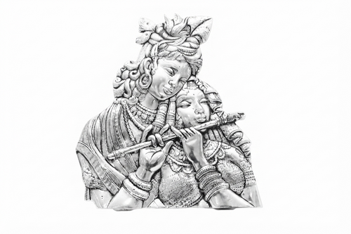 Divine Silver Plated Radha Krishna Playing Bansuri Relief Sculpture / Wall & Table Panel