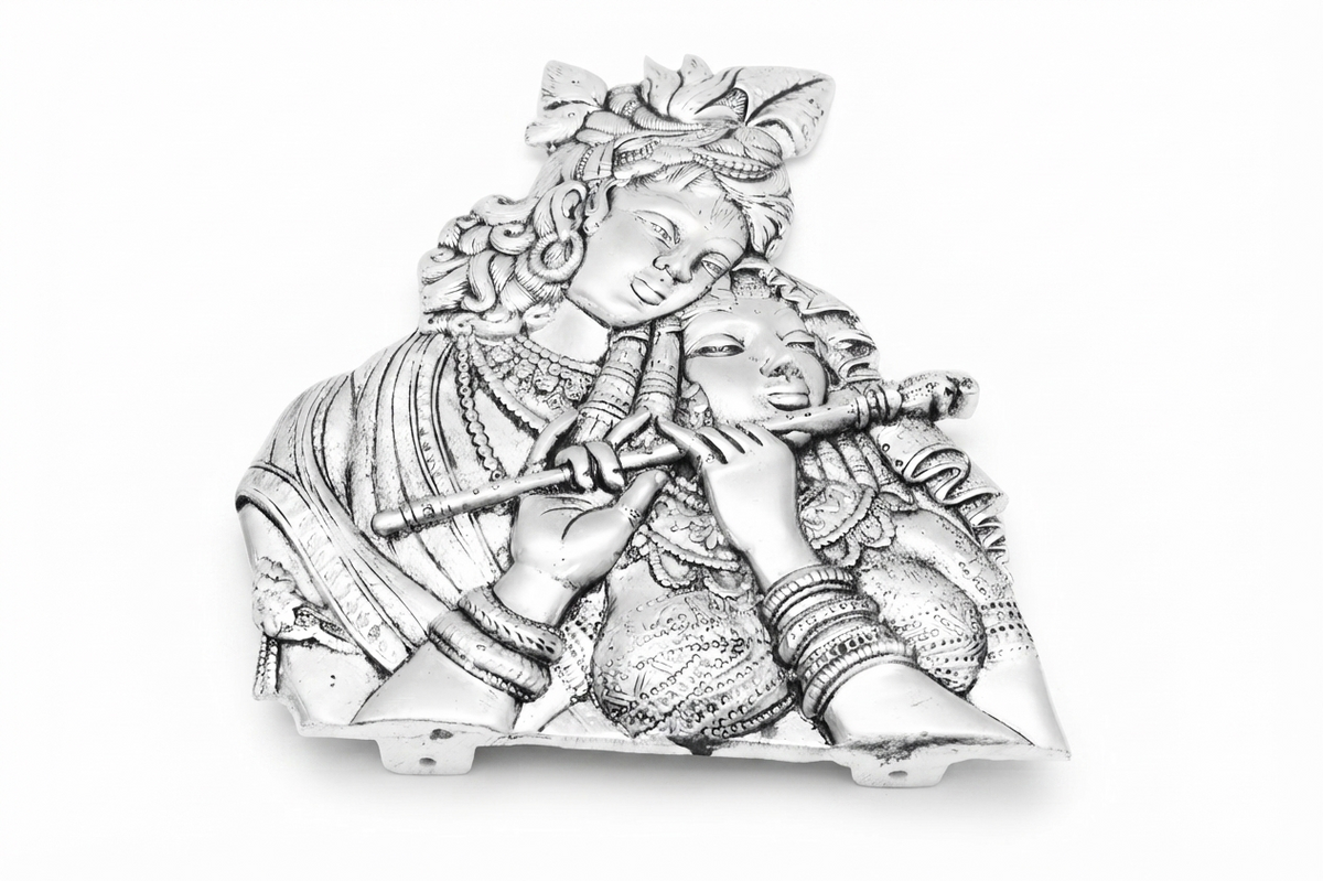 Divine Silver Plated Radha Krishna Playing Bansuri Relief Sculpture / Wall & Table Panel