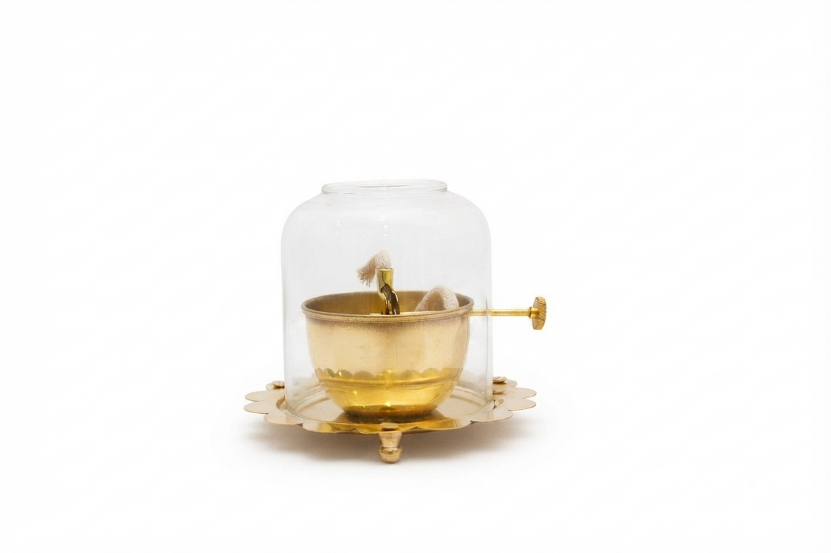 Sacred Brass Akhand Diya with Glass Chimney & Adjustable Wick Knob