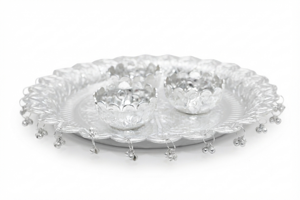 Divine Silver Plated Embossed Pooja Thali Set with Hanging Bells