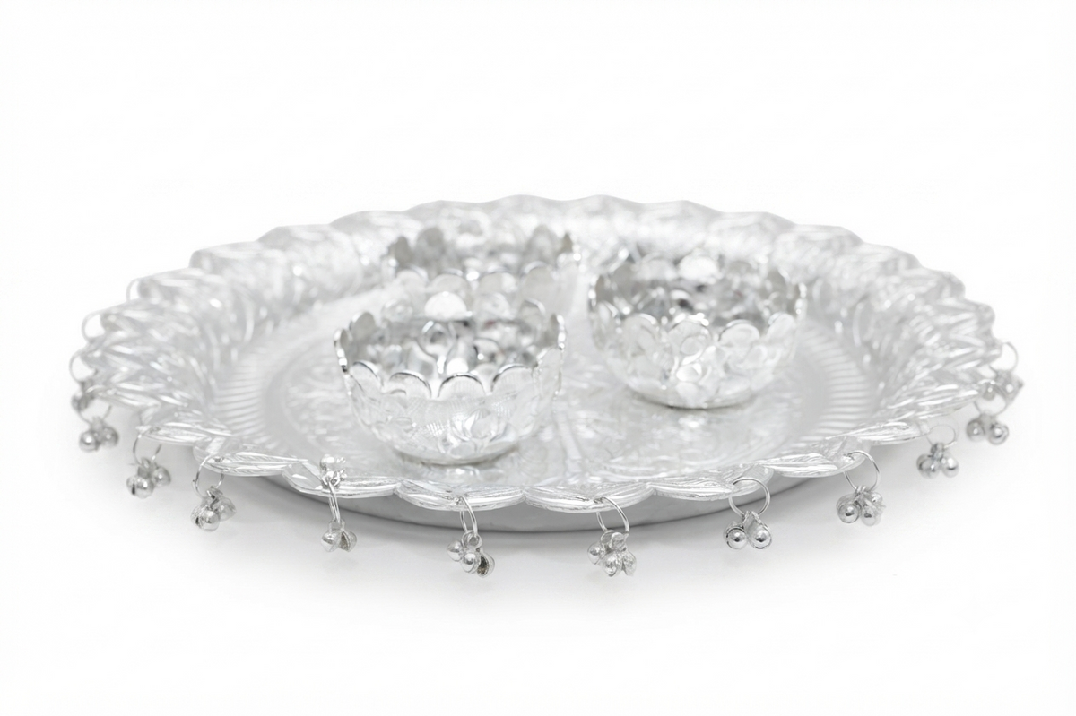 Divine Silver Plated Embossed Pooja Thali Set with Hanging Bells