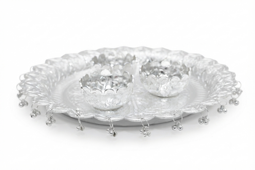 Divine Silver Plated Embossed Pooja Thali Set with Hanging Bells