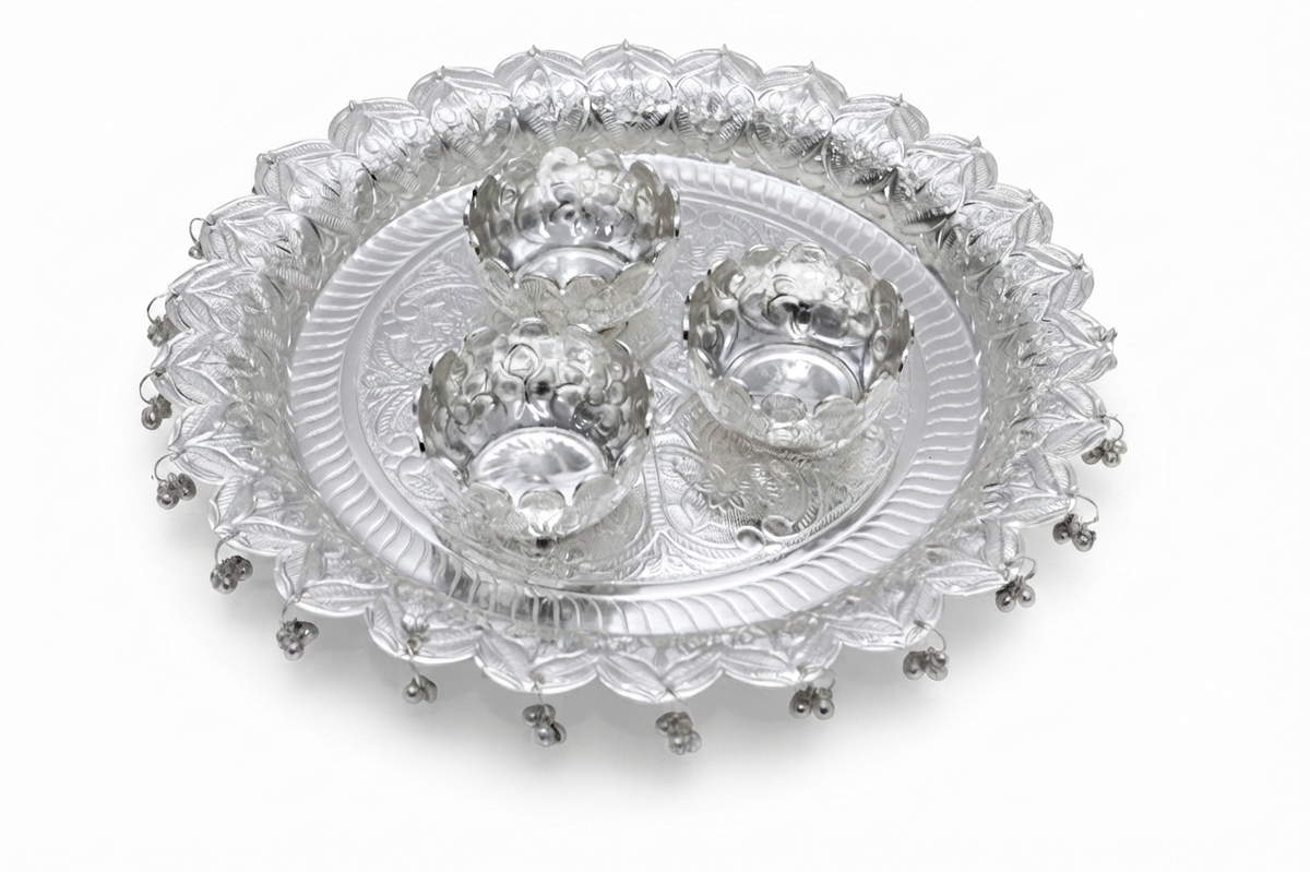 Divine Silver Plated Embossed Pooja Thali Set with Hanging Bells