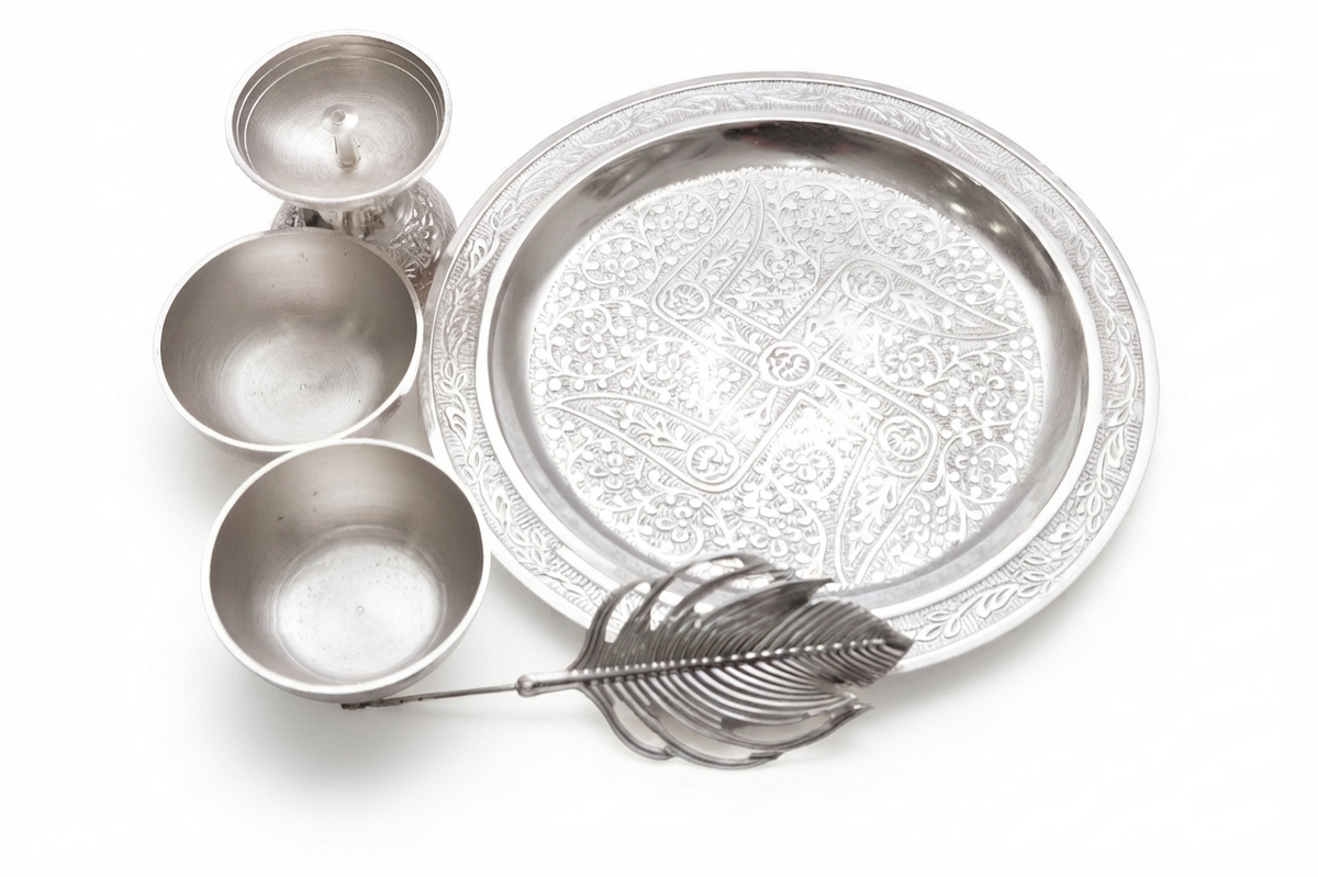 Divine Silver Plated Embossed Pooja Thali Set