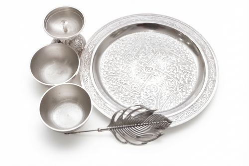Divine Silver Plated Embossed Pooja Thali Set