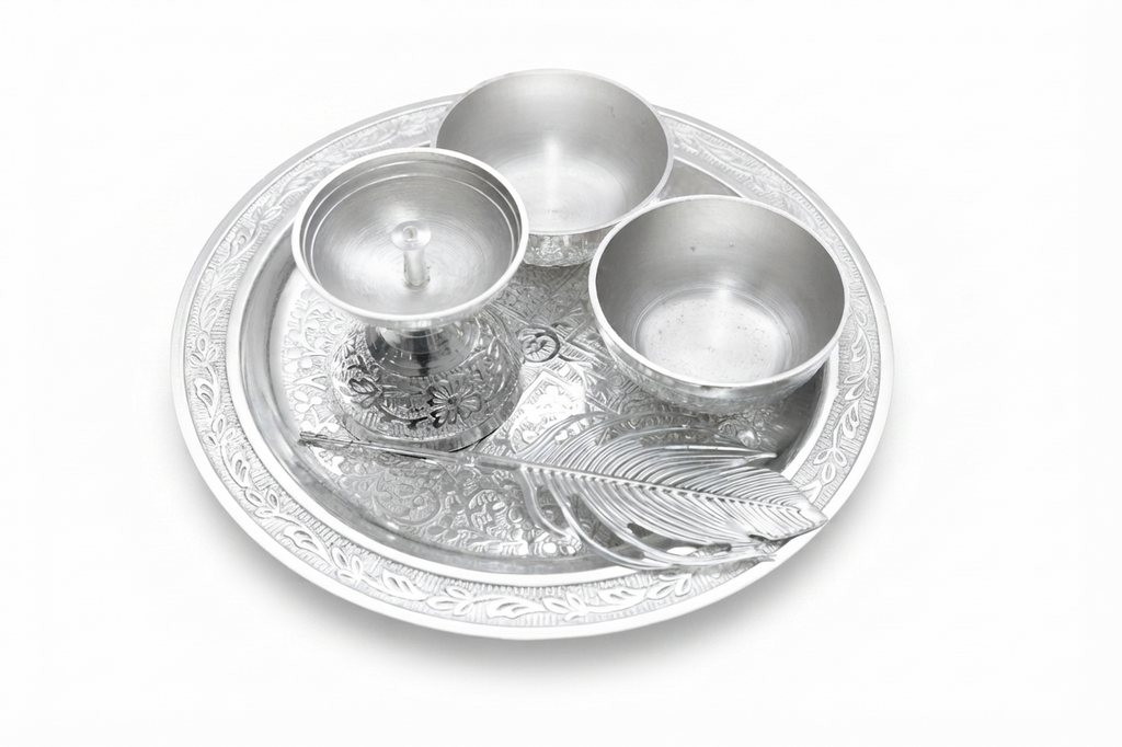 Divine Silver Plated Embossed Pooja Thali Set