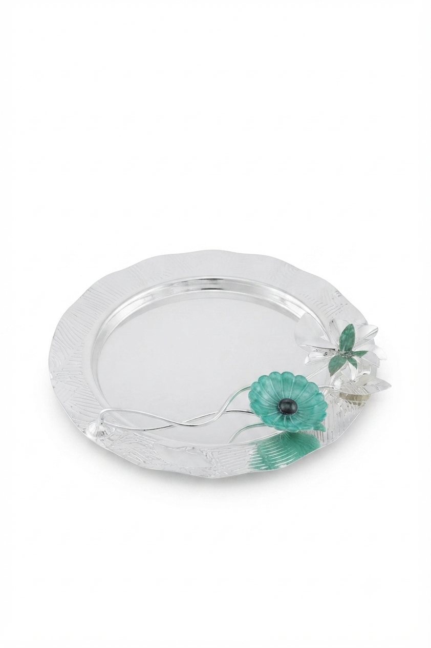 Designer Silver Plated Round Decorative Tray with Floral Stone Embellishments in Velvet Box