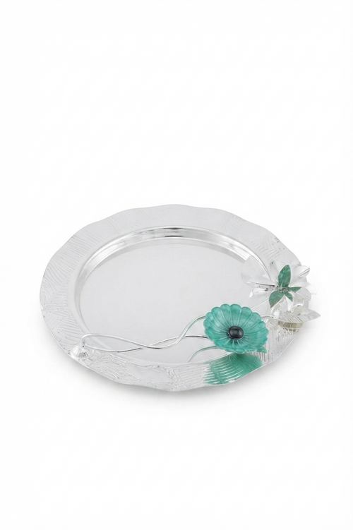 Designer Silver Plated Round Decorative Tray with Floral Stone Embellishments in Velvet Box