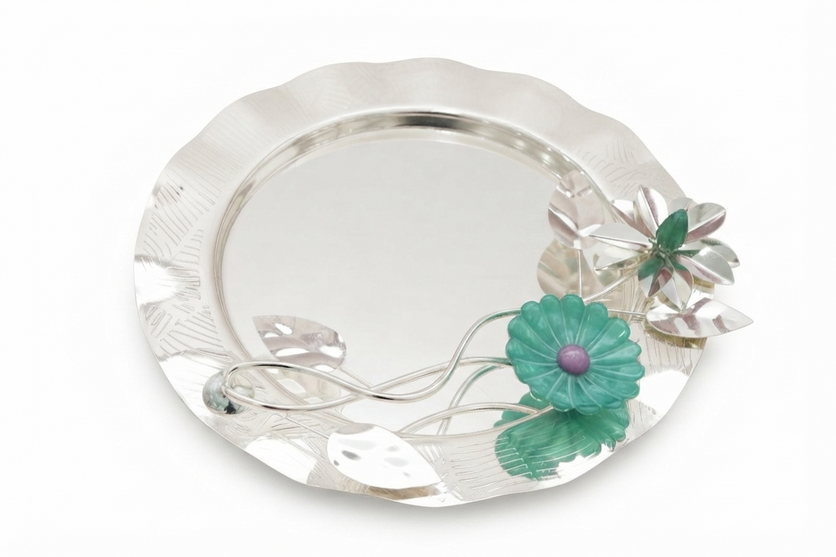 Designer Silver Plated Round Decorative Tray with Floral Stone Embellishments in Velvet Box