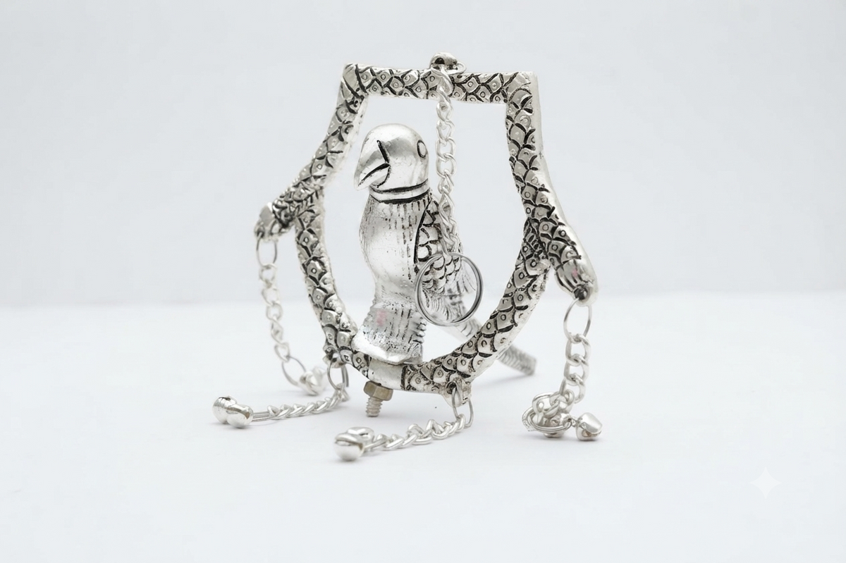 Silver Plated Hanging Parrot in Arch Ring Frame with Bells & Screw Mount