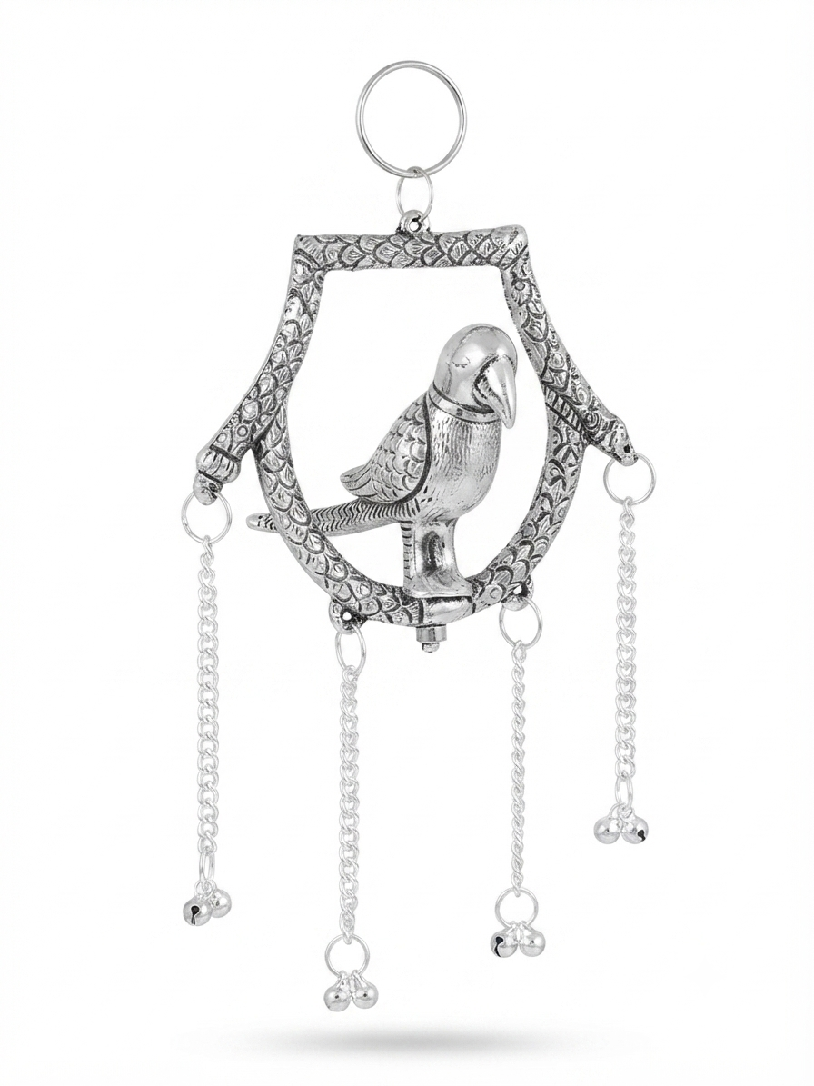 Silver Plated Hanging Parrot in Arch Ring Frame with Bells & Screw Mount