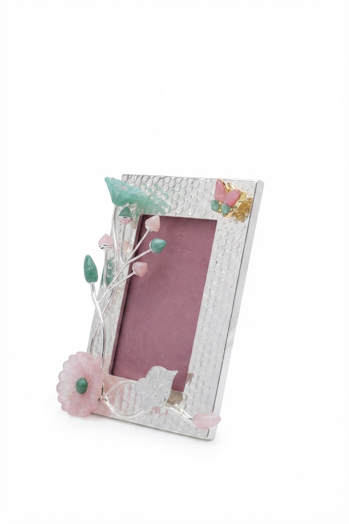 Designer Silver Plated Hammered Photo Frame with Floral Resin Accents & Butterfly Motif