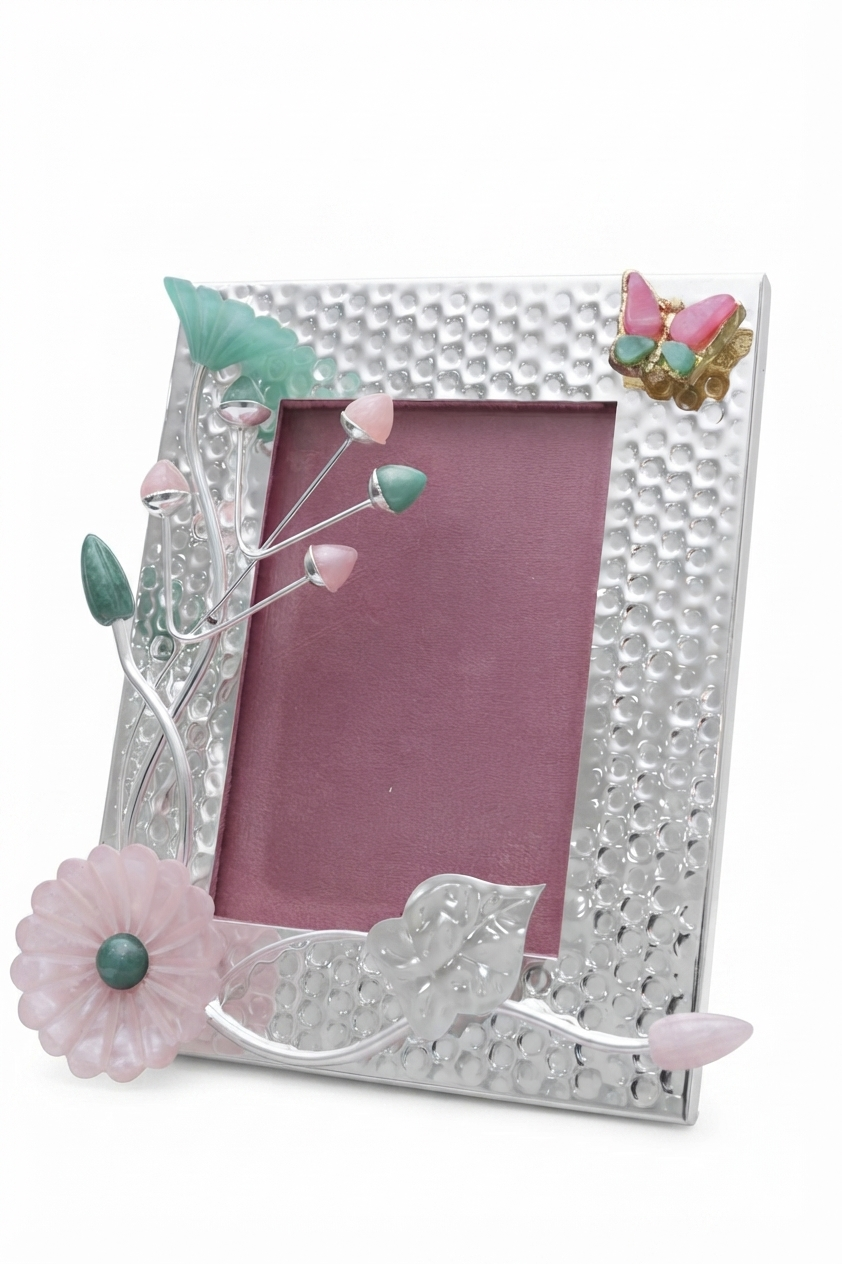 Designer Silver Plated Hammered Photo Frame with Floral Resin Accents & Butterfly Motif