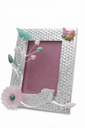 Designer Silver Plated Hammered Photo Frame with Floral Resin Accents & Butterfly Motif