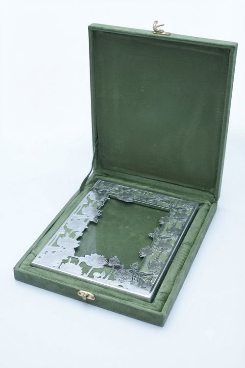Designer Silver Plated Lotus Cutout Photo Frame in Velvet Presentation Box
