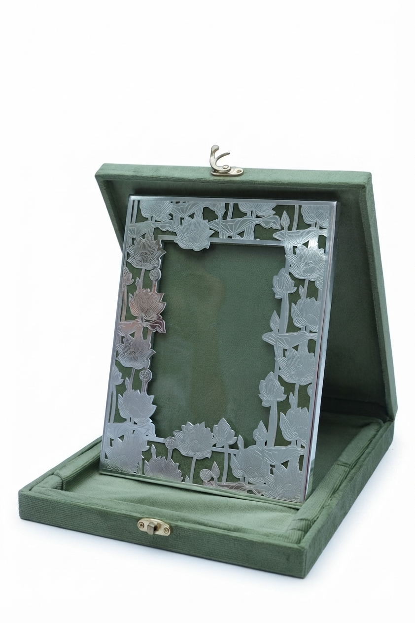Designer Silver Plated Lotus Cutout Photo Frame in Velvet Presentation Box