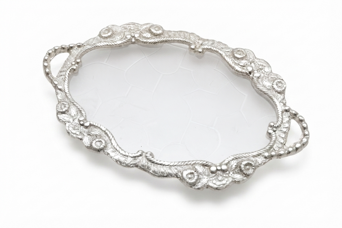 Royal Silver Plated Gulab (Rose) Embossed Serving Tray Set (Small Size)