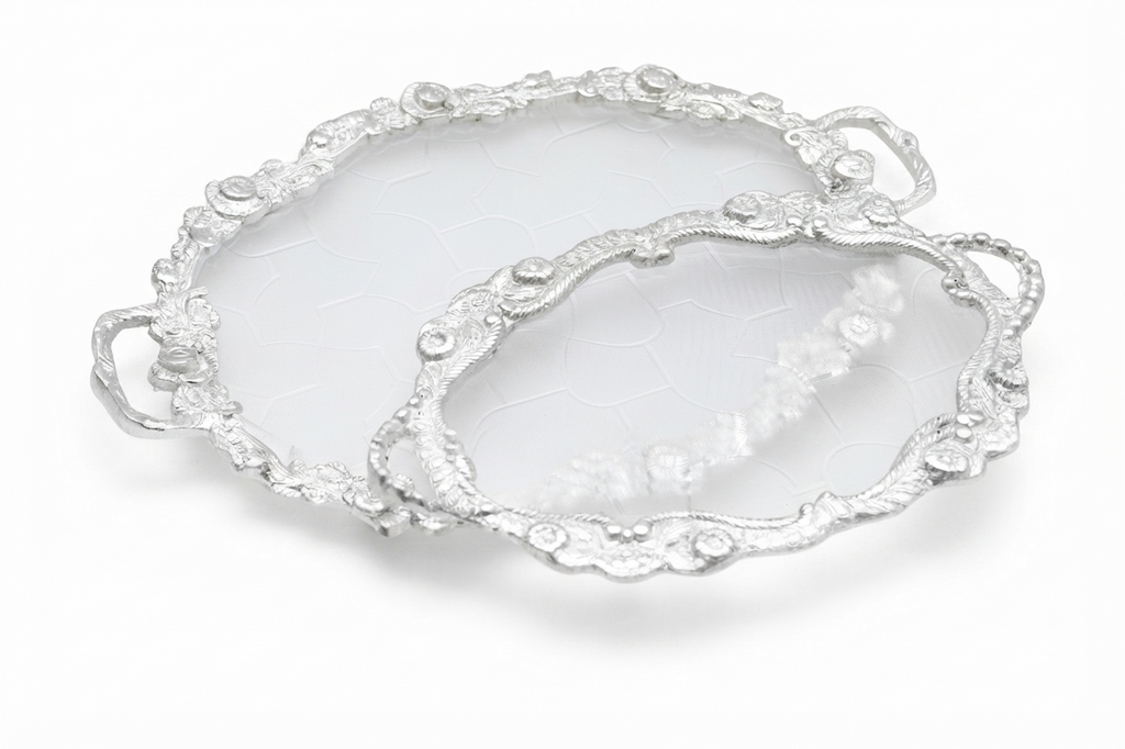 Royal Silver Plated Gulab (Rose) Embossed Serving Tray Set (Small Size)