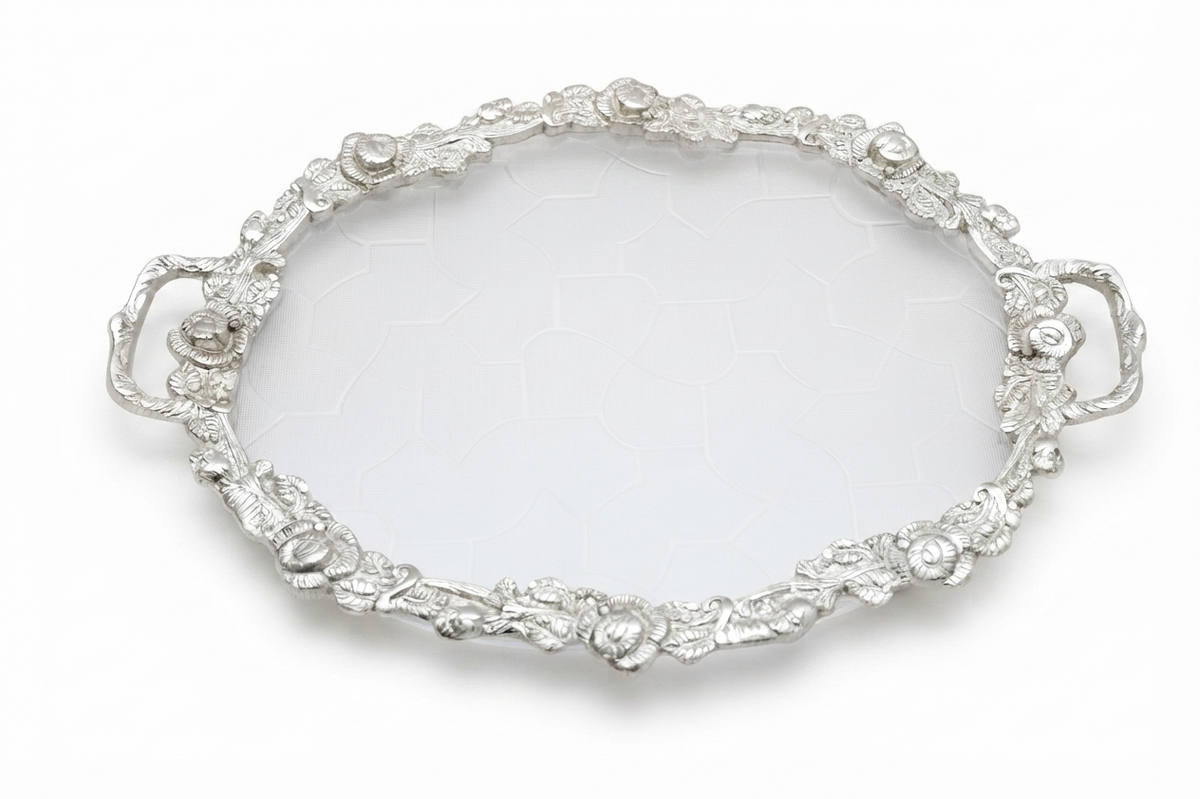 Royal Silver Plated Gulab (Rose) Embossed Serving Tray Set (Small Size)